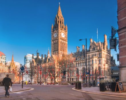Manchester, England. A view of Manchester Town Hall that it is located in Albert Square.