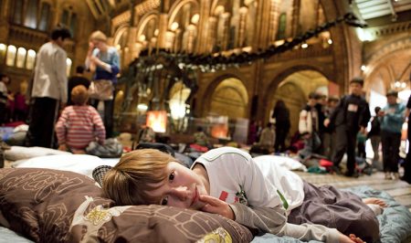 A child settling down for the night at Dino Snores