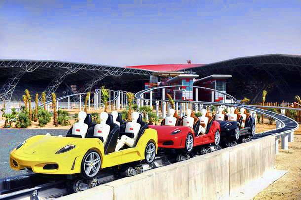 A handout picture released on April 25, 2010, by Ferrari World Abu Dhabi shows testing of the GT roller coaster in Abu Dhabi April 17, 2010. Ferrari World Abu Dhabi is the world's first Ferrari theme park and the largest attraction of its kind. It will open on Yas Island in Abu Dhabi in the second half of 2010. REUTERS/Ferrari World Abu Dhabi/Handout  (UNITTED ARAB EMIRATES - Tags: SPORT SOCIETY MOTOR RACING TRANSPORT) QUALITY FROM SOURCE. FOR EDITORIAL USE ONLY. NOT FOR SALE FOR MARKETING OR ADVERTISING CAMPAIGNS